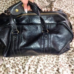 1973 vintage naugahyde large black leather duffle bag